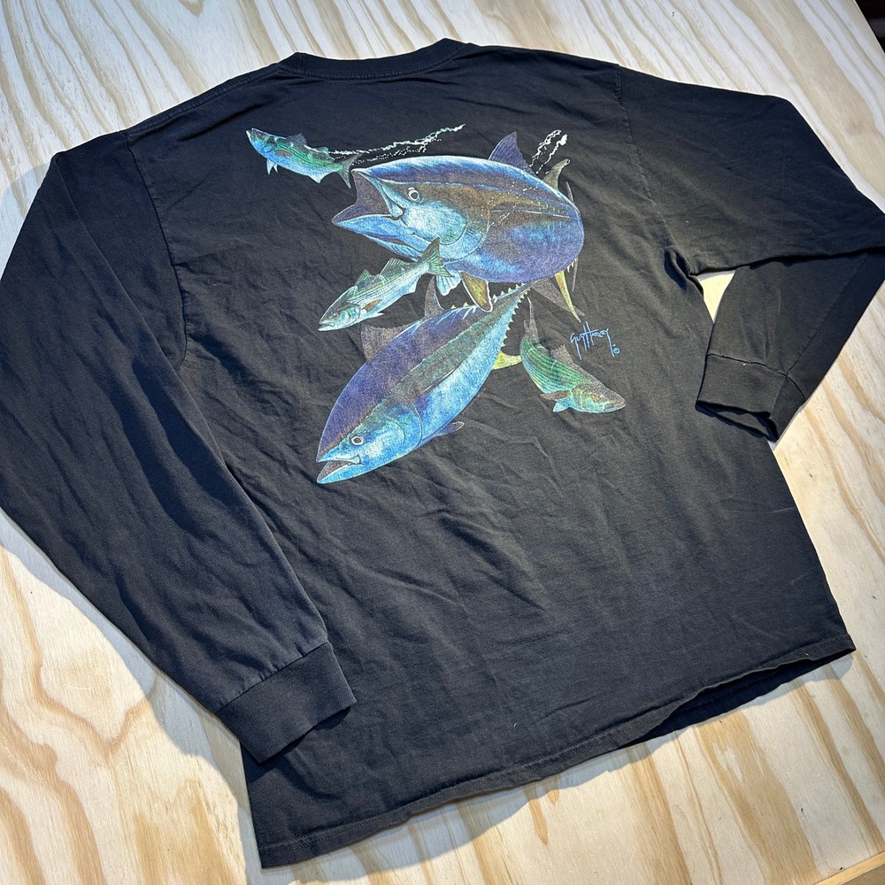Guy Harvey Mens Large Black Long Sleeve Multi Fish Graphic Pocket T-Shirt